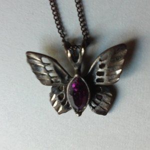 Vintage Silver Butterfly Necklace With Purple Stone Hangs 10 1/4"